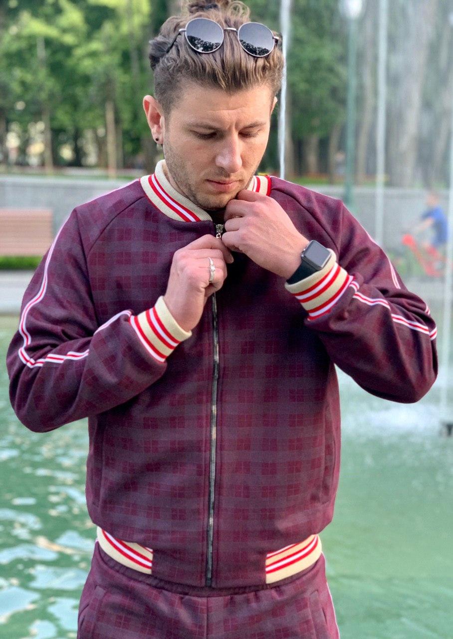Burgundy Plaid Gentlemen Tracksuit — close-up of the bomber jacket