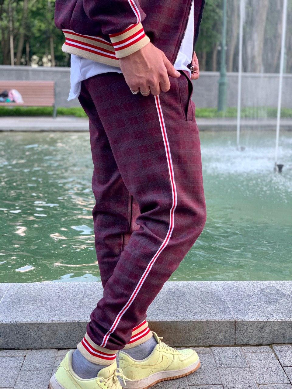 Burgundy Plaid Gentlemen Tracksuit — close-up of the joggers with side stripe