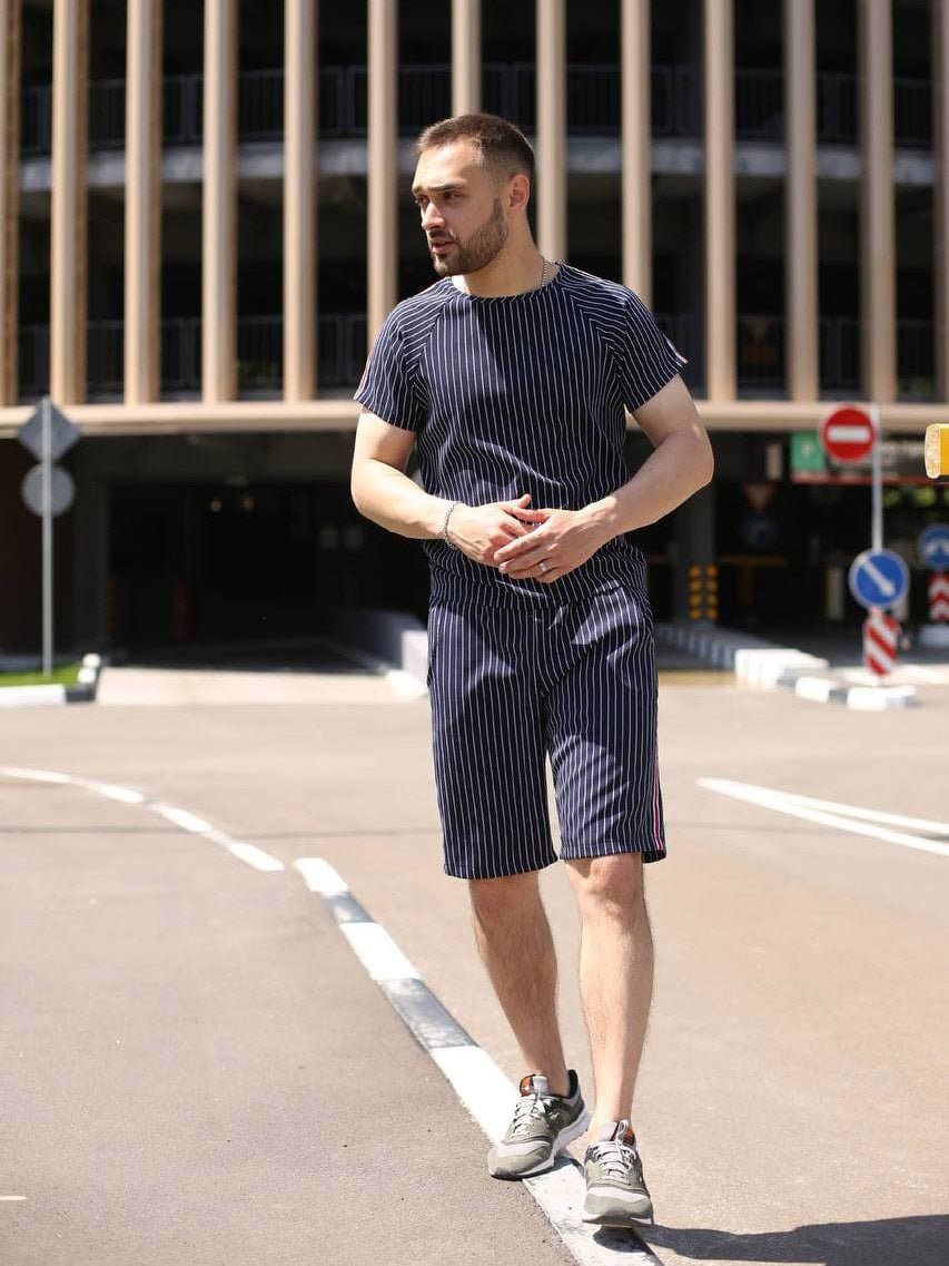 Navy Pinstripe Summer Set — pinstripe t-shirt and shorts inspired by The Gentlemen, front view