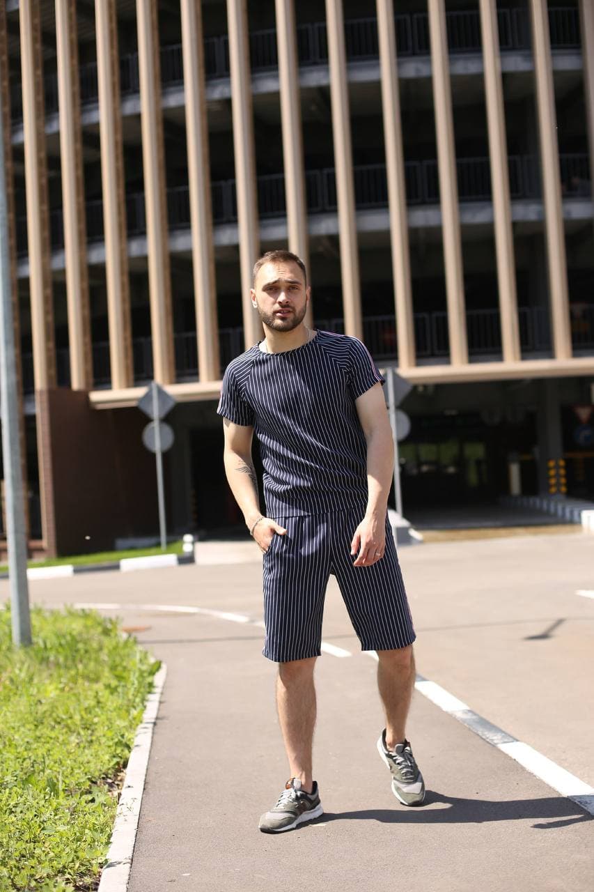 Navy Pinstripe Summer Set — front view, third angle