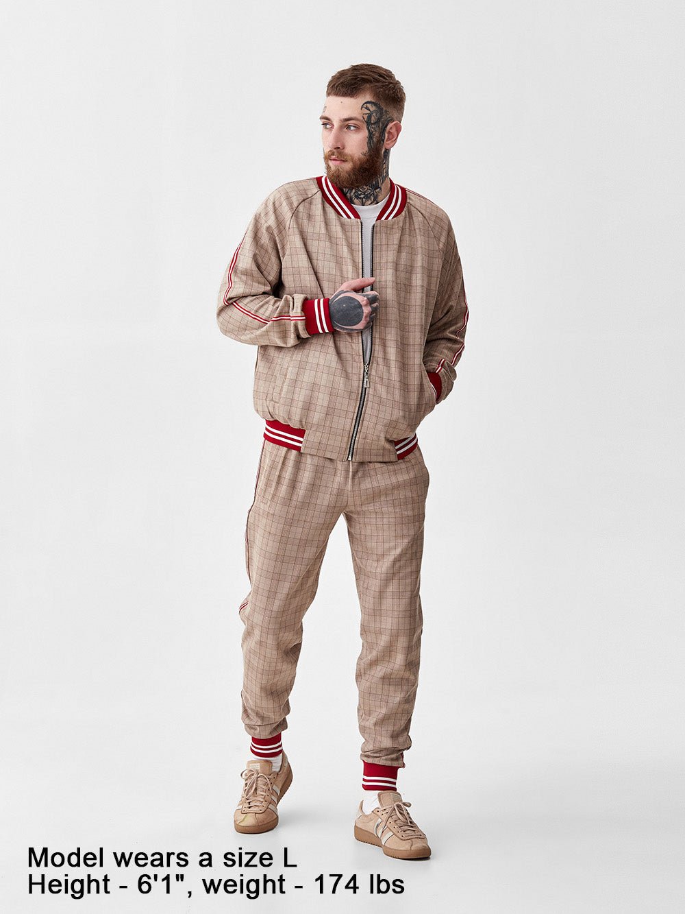 Beige & Red Glen Plaid Gentlemen Tracksuit — front view, jacket open