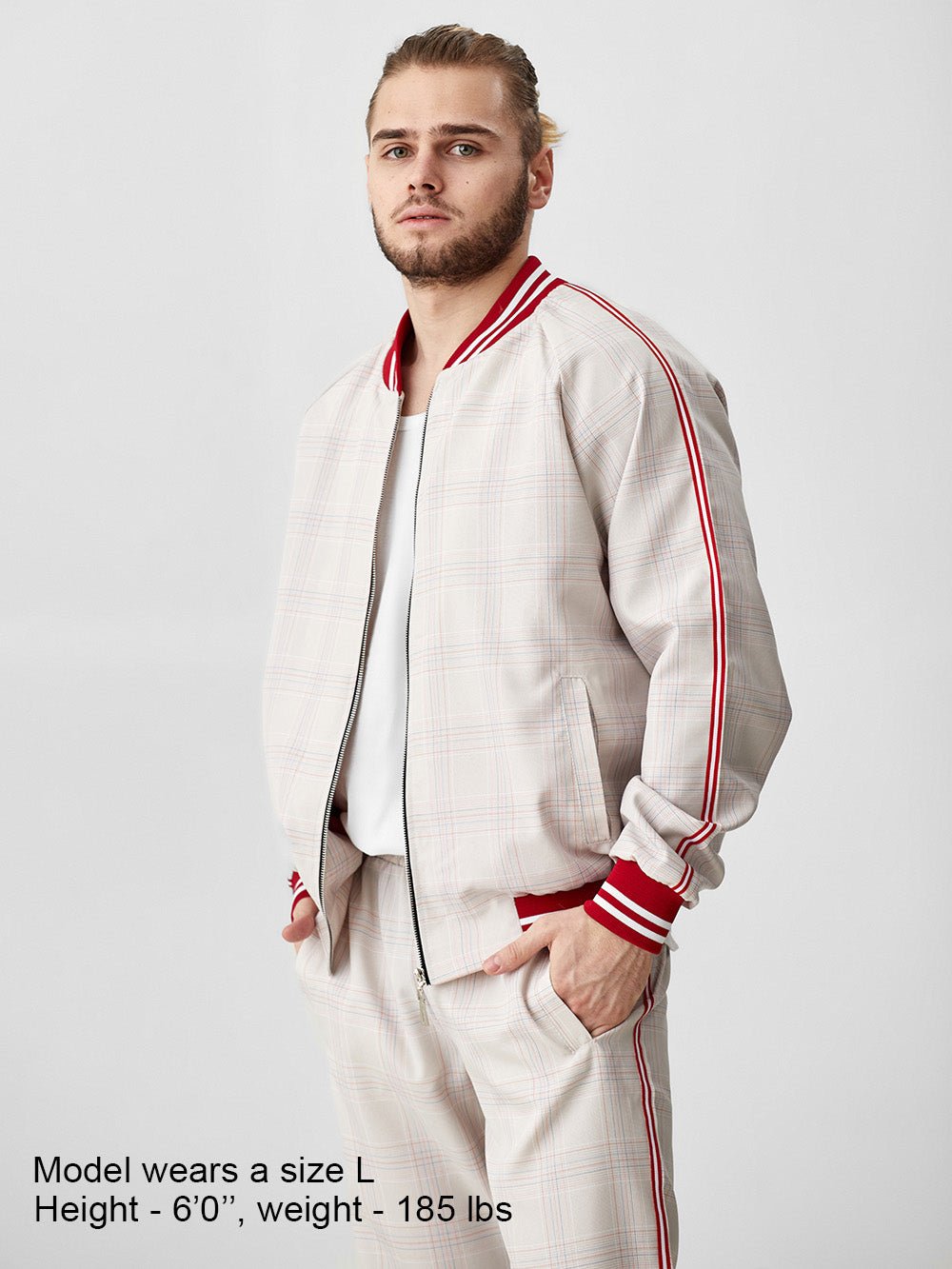 Ivory Glen Plaid Gentlemen Tracksuit — close-up of the bomber jacket