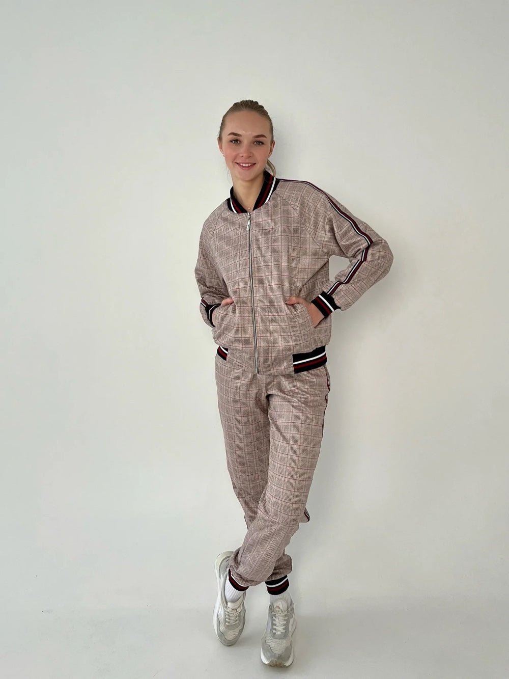 Women's Beige Glen Plaid Tracksuit — glen plaid bomber jacket and joggers inspired by The Gentlemen, front view